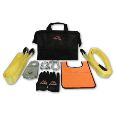 RT Off Road vehicle recovery kit with tow strap, shackles, snatch block, gloves, and recovery mat